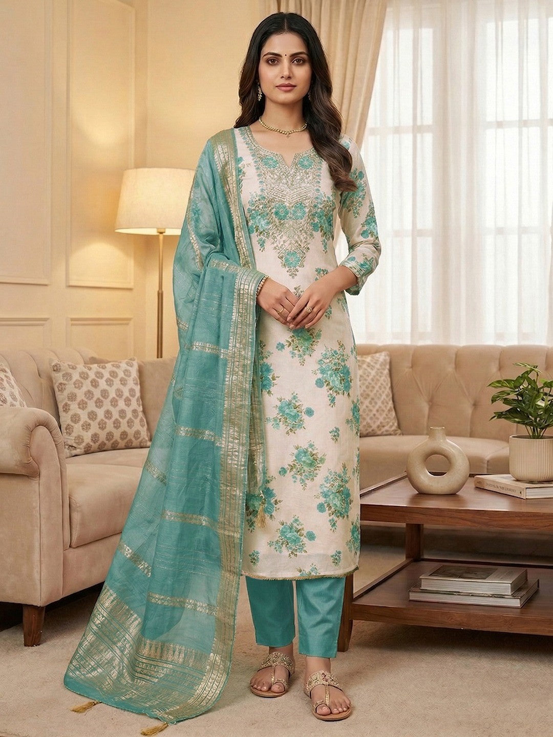 Classic Turquoise Floral Printed With Cording Embroidered Shimmer Dress Material - Image 2