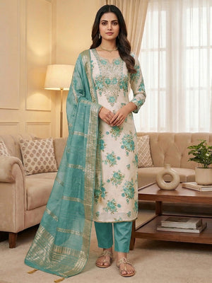 Classic Turquoise Floral Printed With Cording Embroidered Shimmer Dress Material - Image 2