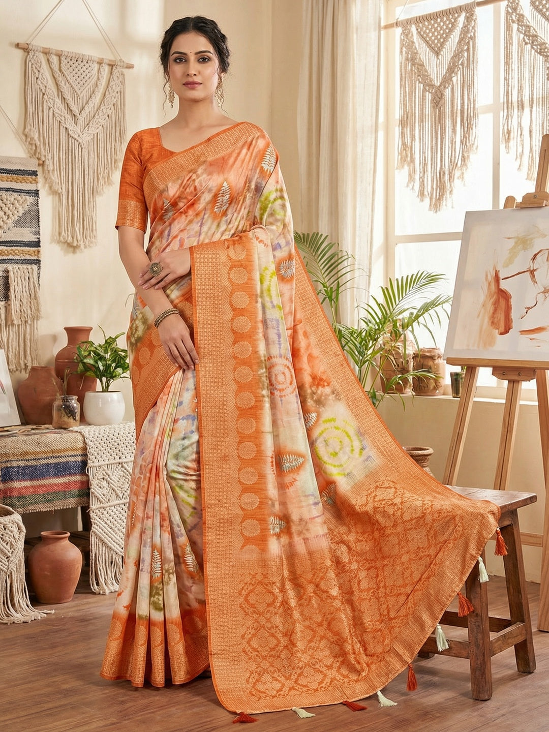 Elegant Orange Bemberg Saree with Digital Print and Rich Pallu - Image 1