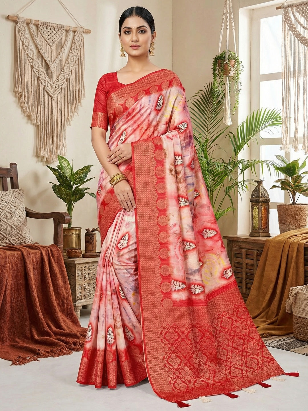 Elegant Red Bemberg Saree with Digital Print and Rich Pallu - Image 1