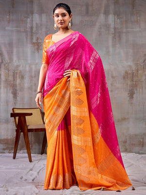 Classic Pink And Orange Floral Weaving Jacquard Chinon Half & Half Saree With Timeless Charm - Image 1