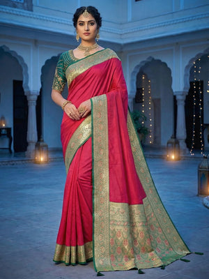 Pink Pure Silk Saree with Detailed Woven Border and Ready to Wear Stitched Blouse - Image 1