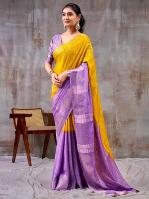 Classic Mustard And Lavender Floral Weaving Jacquard Chinon Half & Half Saree With Timeless Charm - Image 1