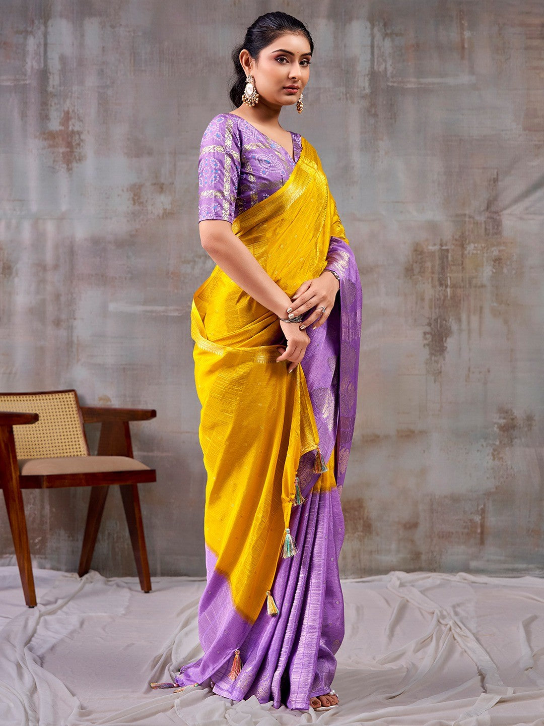 Classic Mustard And Lavender Floral Weaving Jacquard Chinon Half & Half Saree With Timeless Charm - Image 5