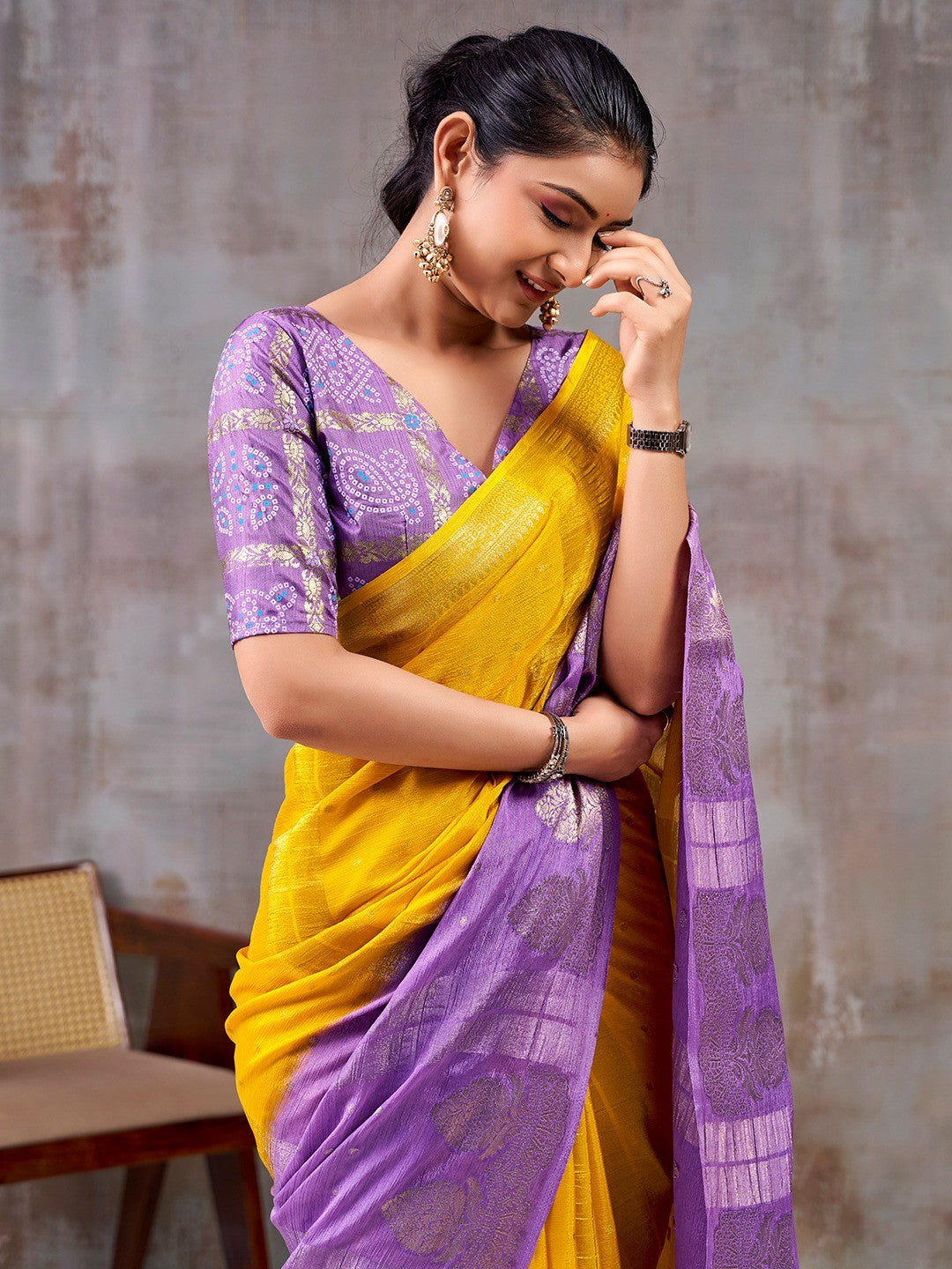 Classic Mustard And Lavender Floral Weaving Jacquard Chinon Half & Half Saree With Timeless Charm - Image 3