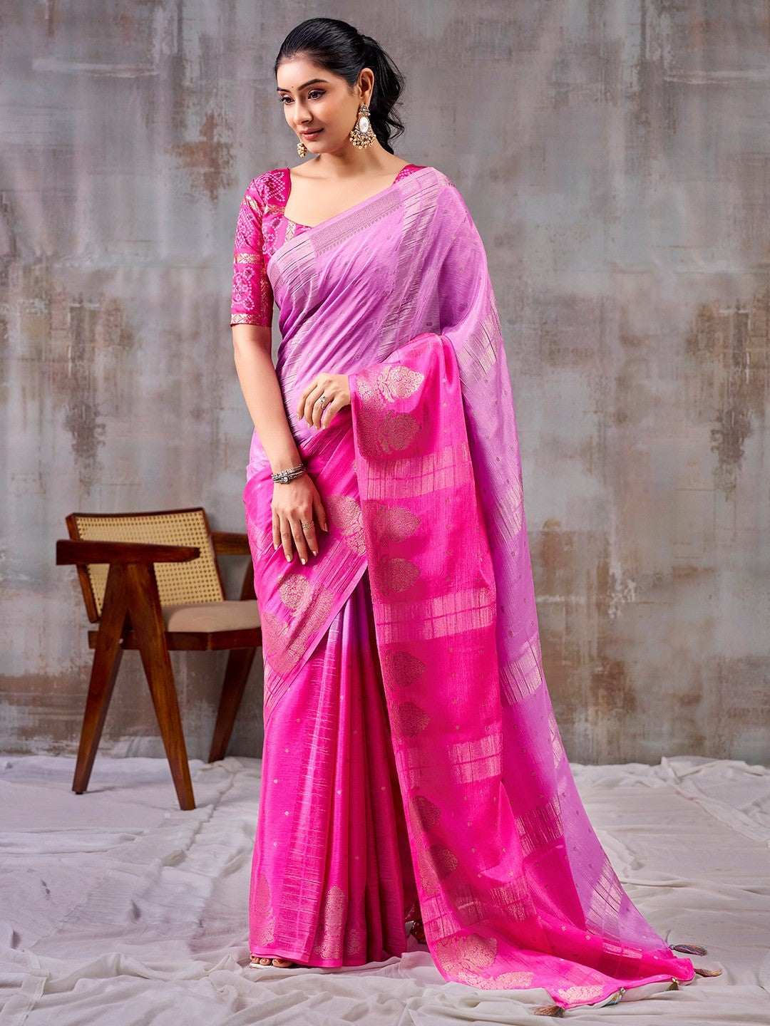 Classic Lavender And Pink Floral Weaving Jacquard Chinon Half & Half Saree With Timeless Charm - Image 1