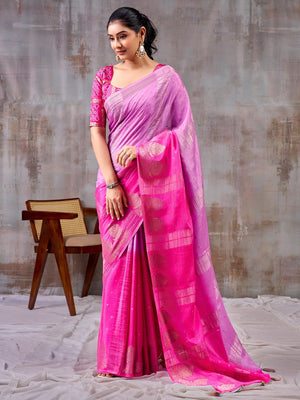 Classic Lavender And Pink Floral Weaving Jacquard Chinon Half & Half Saree With Timeless Charm - Image 1
