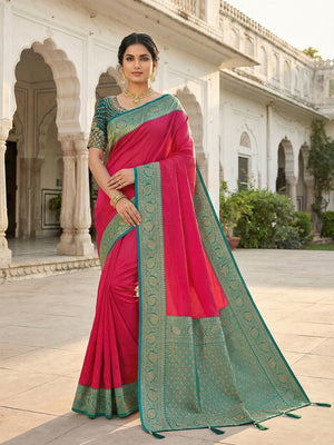 Pink Pure Silk Saree with Elegant Woven Border and Ready Stitched Blouse Piece - Image 1