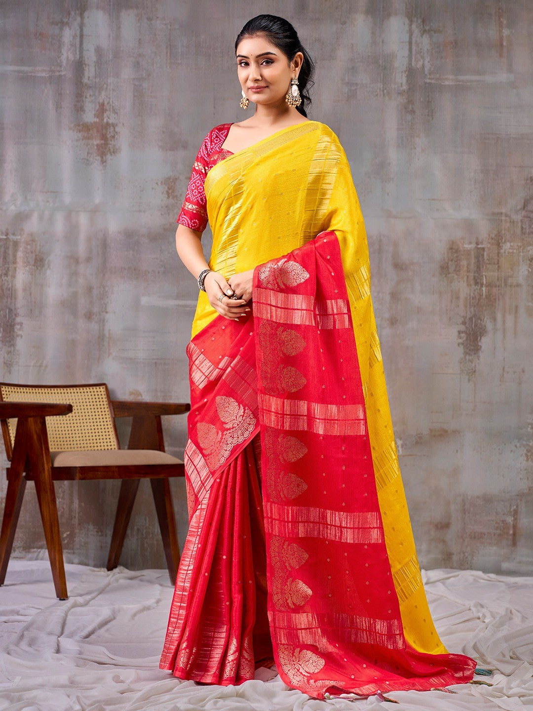 Classic Yellow And Red Floral Weaving Jacquard Chinon Half & Half Saree With Timeless Charm - Image 1