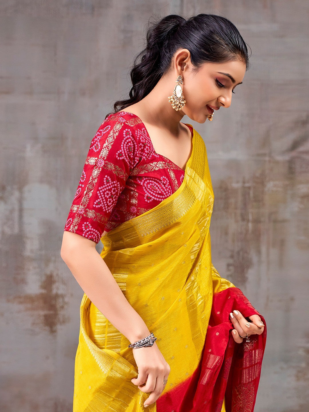 Classic Yellow And Red Floral Weaving Jacquard Chinon Half & Half Saree With Timeless Charm - Image 5