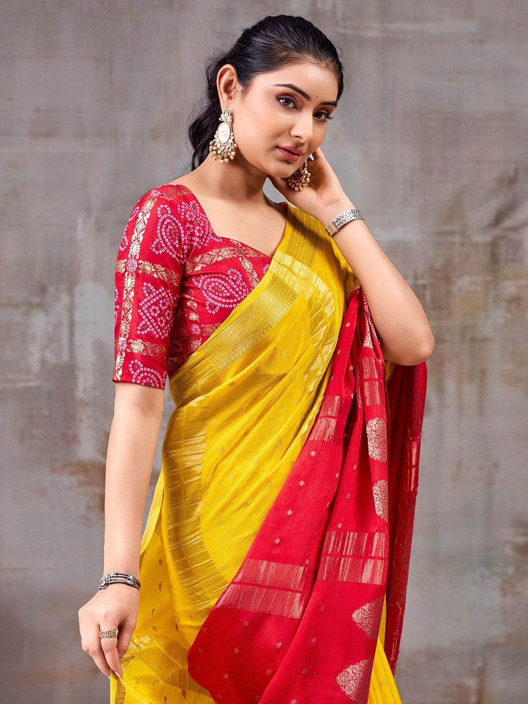 Classic Yellow And Red Floral Weaving Jacquard Chinon Half & Half Saree With Timeless Charm - Image 4