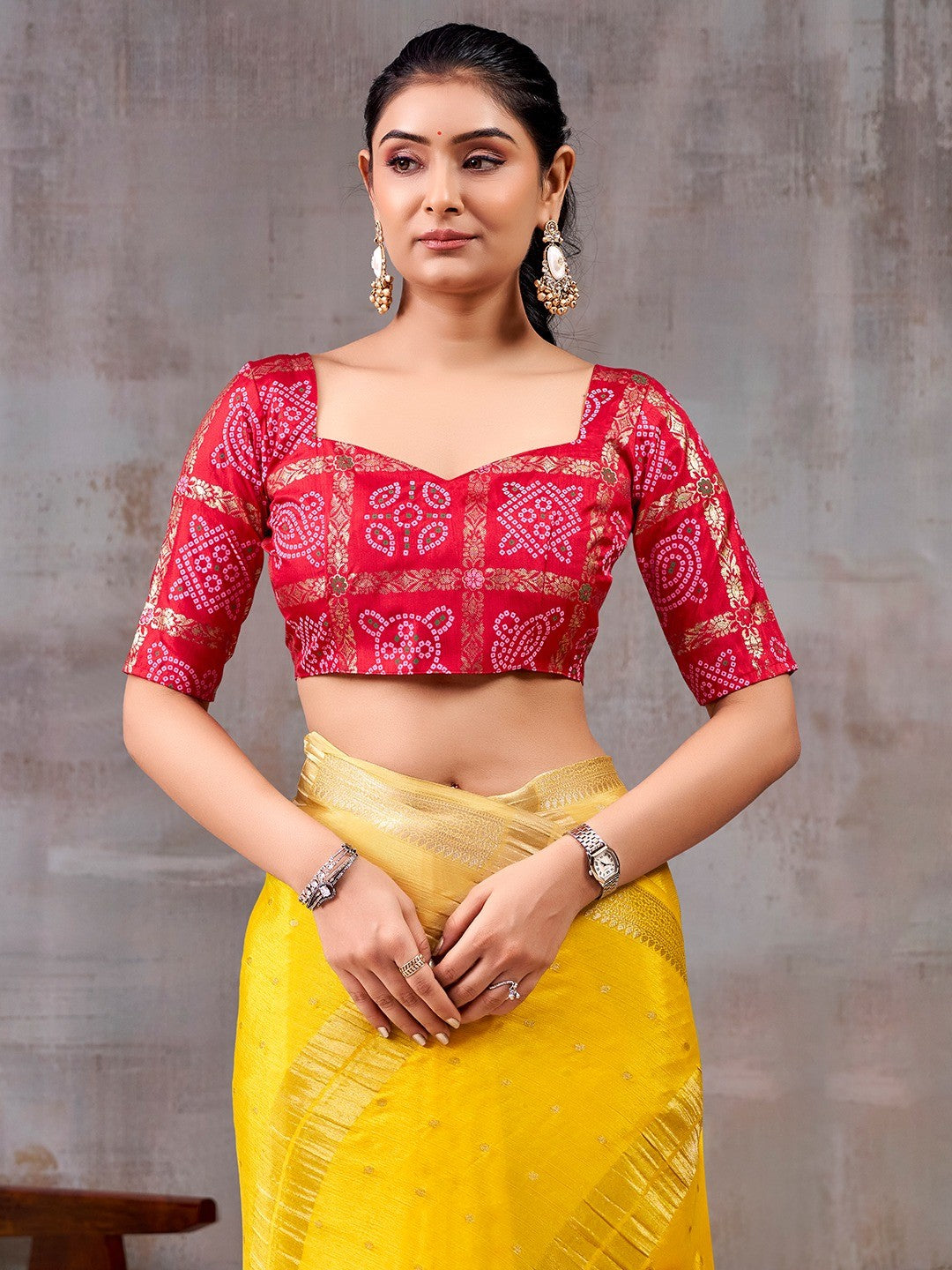 Classic Yellow And Red Floral Weaving Jacquard Chinon Half & Half Saree With Timeless Charm - Image 2