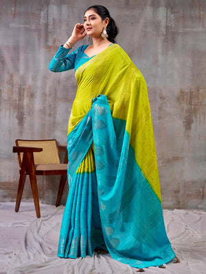 Classic Green And Blue Floral Weaving Jacquard Chinon Half & Half Saree With Timeless Charm - Image 1