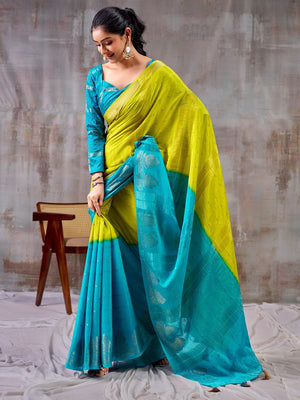Classic Green And Blue Floral Weaving Jacquard Chinon Half & Half Saree With Timeless Charm - Image 2