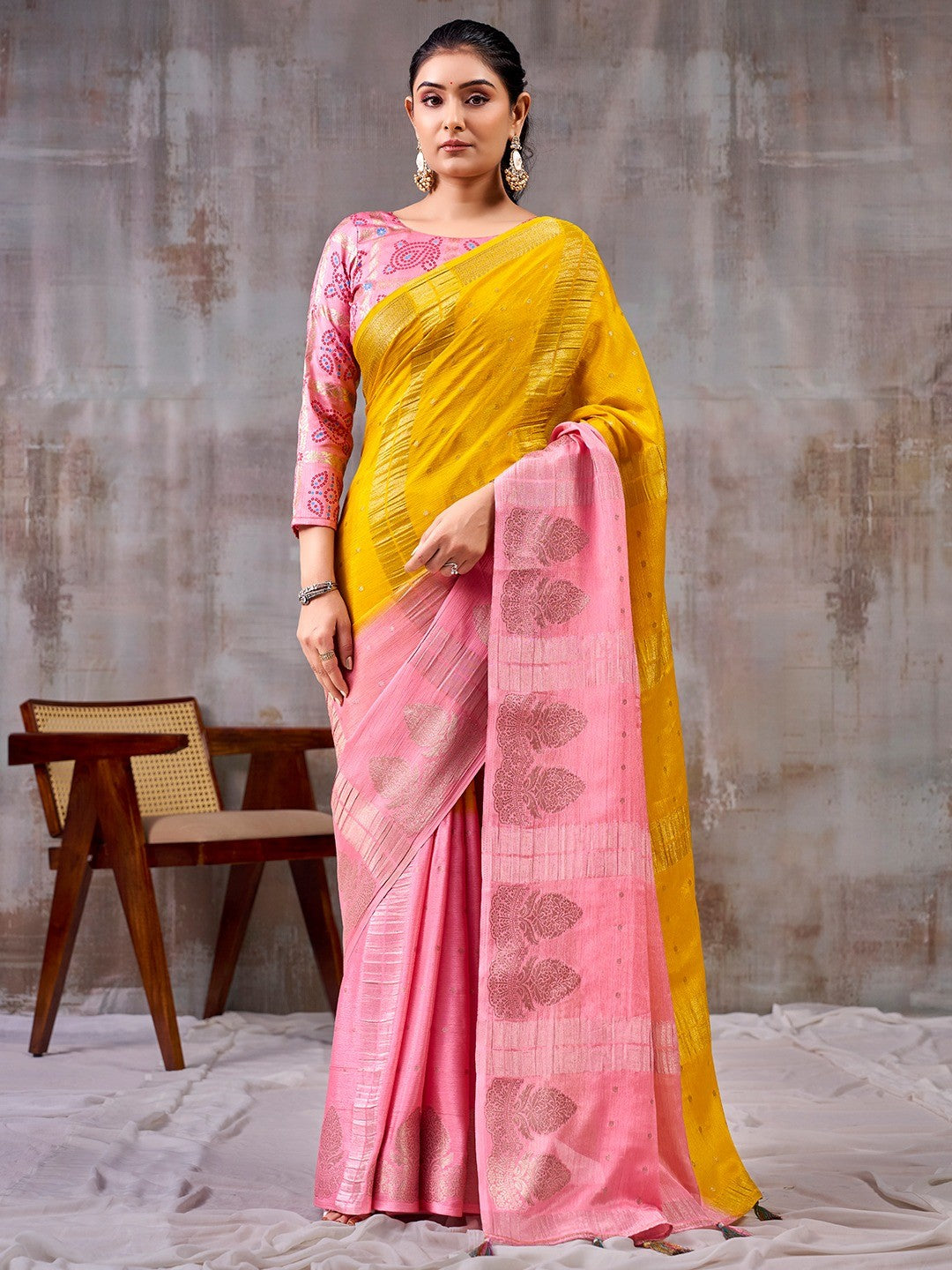 Classic Yellow And Pink Floral Weaving Jacquard Chinon Half & Half Saree With Timeless Charm - Image 1