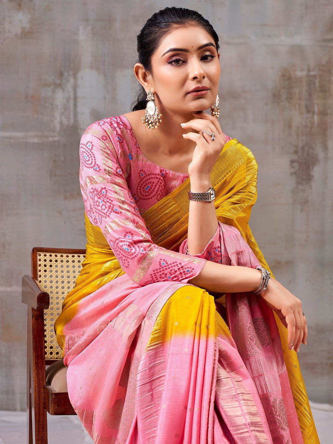 Classic Yellow And Pink Floral Weaving Jacquard Chinon Half & Half Saree With Timeless Charm - Image 5