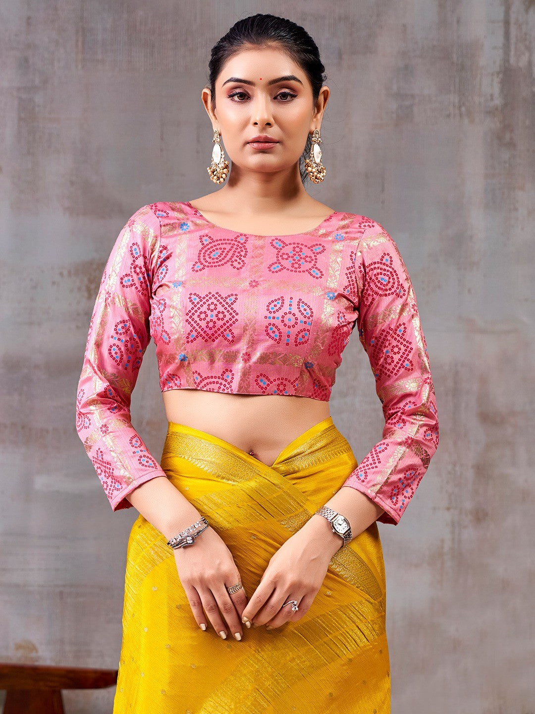 Classic Yellow And Pink Floral Weaving Jacquard Chinon Half & Half Saree With Timeless Charm - Image 3
