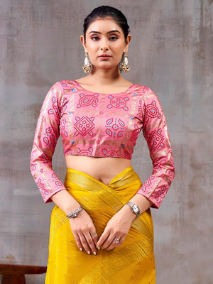 Classic Yellow And Pink Floral Weaving Jacquard Chinon Half & Half Saree With Timeless Charm - Image 2