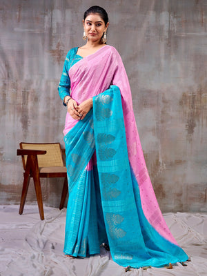 Classic Pink And Blue Floral Weaving Jacquard Chinon Half & Half Saree With Timeless Charm - Image 1
