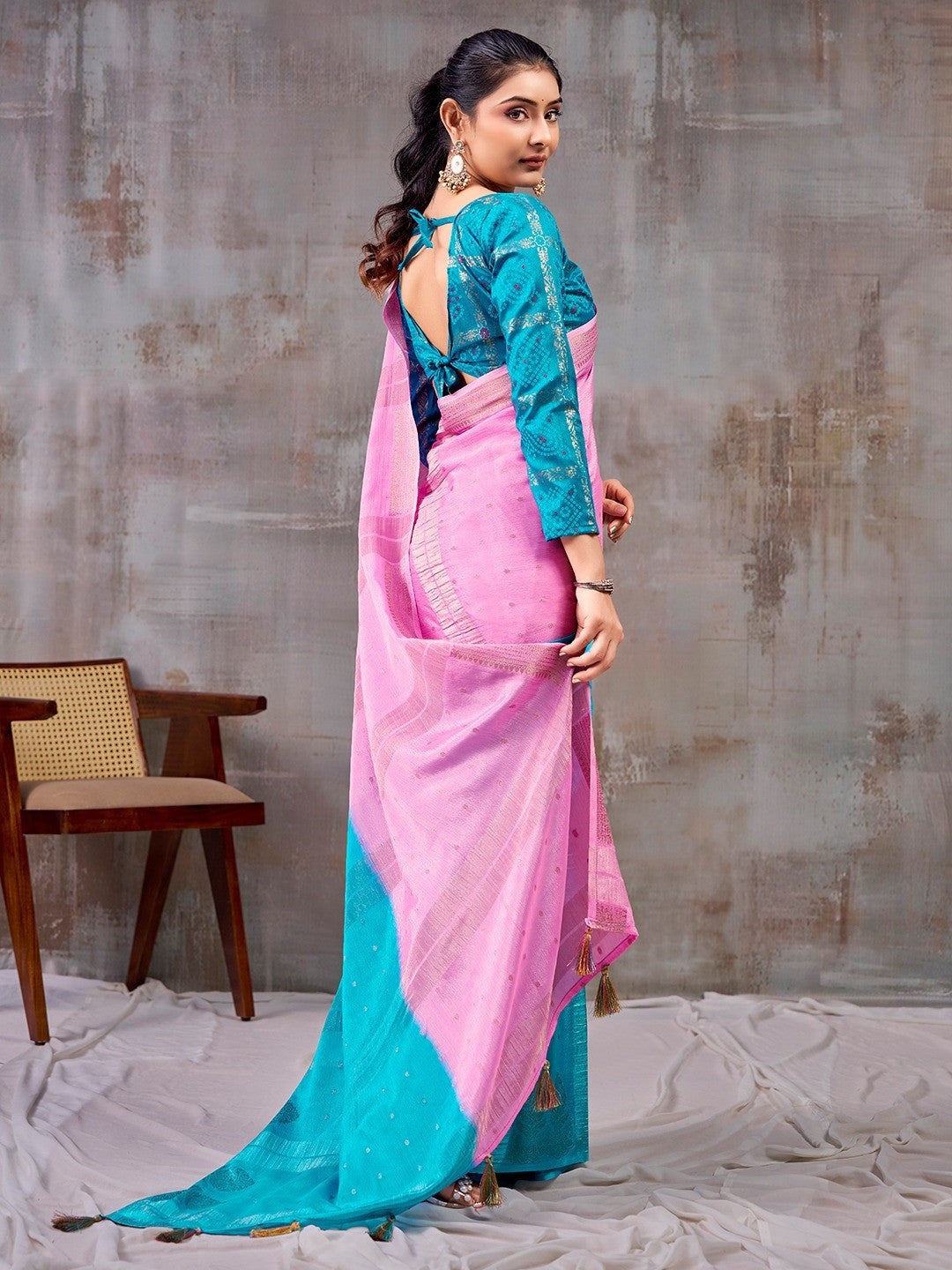 Classic Pink And Blue Floral Weaving Jacquard Chinon Half & Half Saree With Timeless Charm - Image 2