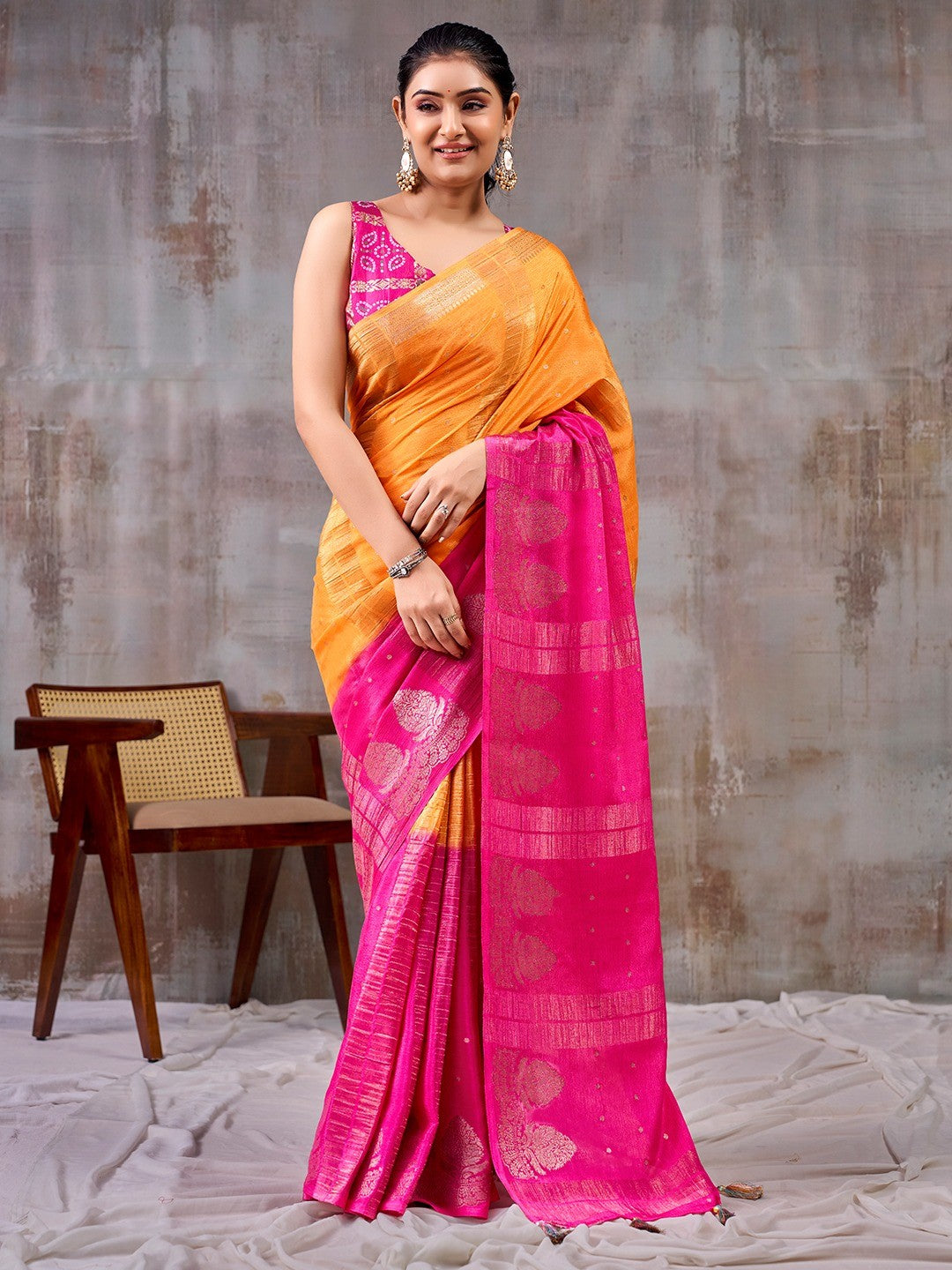 Classic Orange And Pink Floral Weaving Jacquard Chinon Half & Half Saree With Timeless Charm - Image 1
