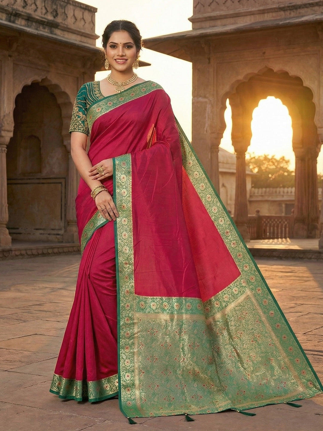 Ethnic Pink Pure Silk Saree with Intricate Border Weaving and Stitched Blouse for Festive Occasions - Image 1
