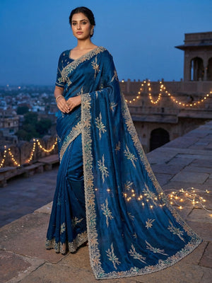 Elegant Blue Satin Saree with Designer Embroidery and Stone Work - Image 1