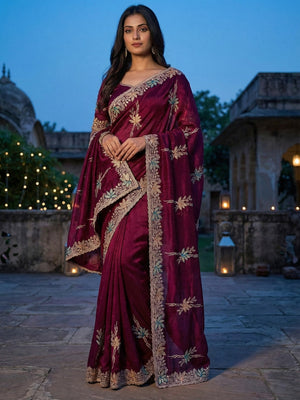 Wine Satin Saree with Designer Embroidery and Stone Work - Image 1