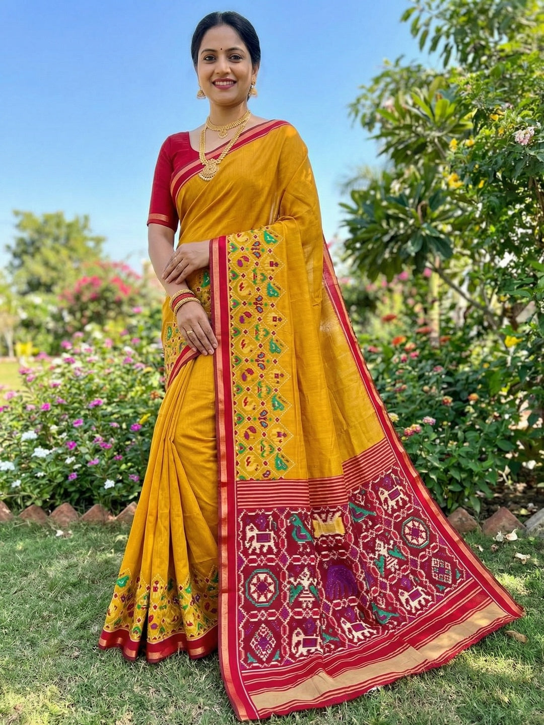 Mustard Viscose Saree with Ikkat Printed Border and Graceful Feminine Appeal - Image 1