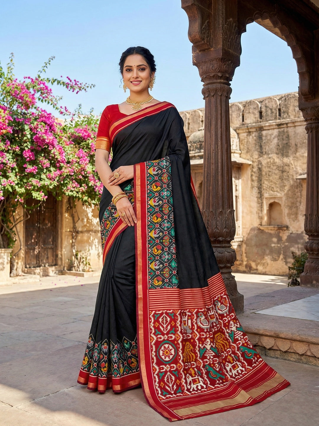 Elegant Black Viscose Saree with Ikkat Print and Red Border - Image 1