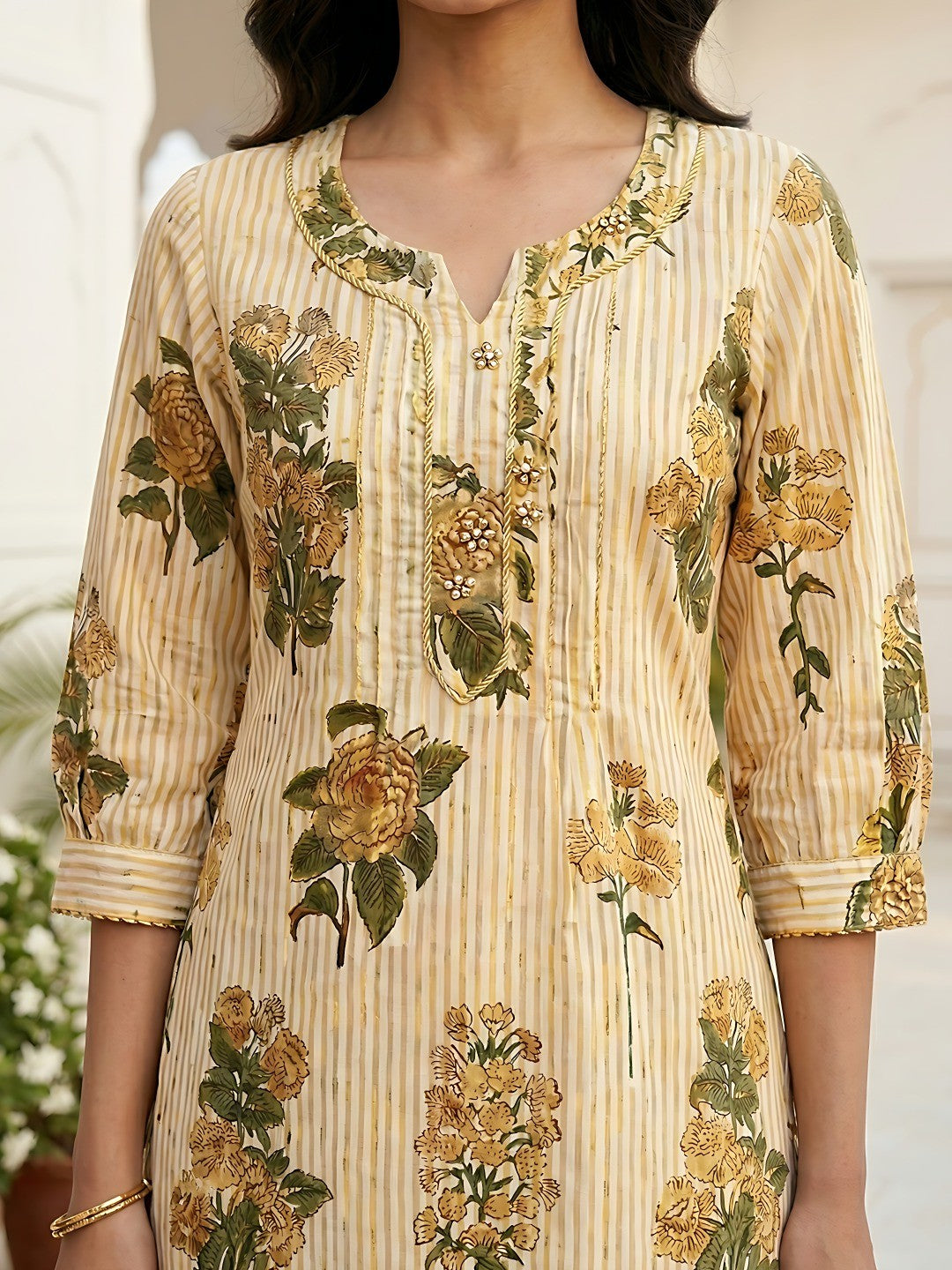 Yellow Floral Print Pure Cotton Straight Cut Kurti with Comfortable Fit and Stylish Look - Image 4