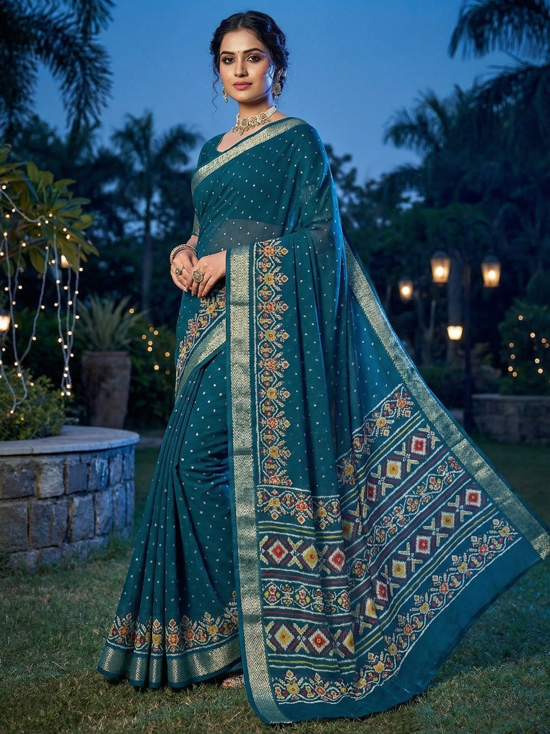 Teal Georgette Saree with Viscose Border and Print - Image 1