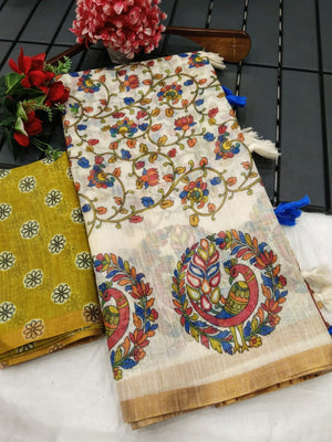 Elegant Cream Linen Saree with Floral and Peacock Print Border - Image 2