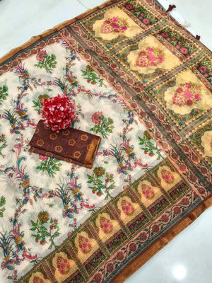 Cream Linen Floral Printed Saree with Brown Blouse for Stylish Ethnic Wear - Image 2