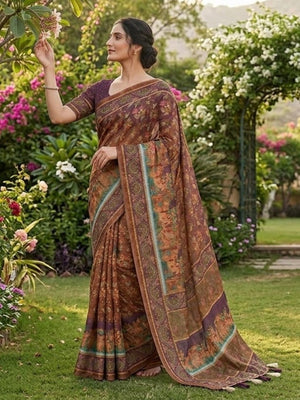 Elegant Brown Linen Saree with Floral and Figure Print Border - Image 1