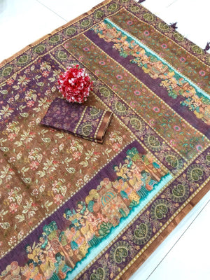 Elegant Brown Linen Saree with Floral and Figure Print Border - Image 2