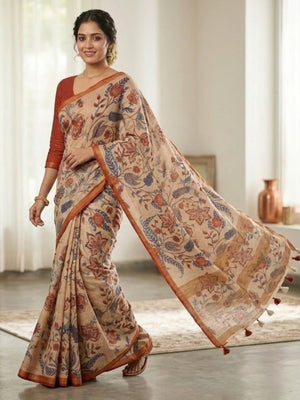 Elegant Beige Linen Floral Printed Saree with Contrast Border - Image 1