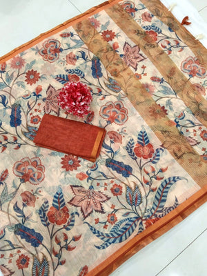 Elegant Beige Linen Floral Printed Saree with Contrast Border - Image 2