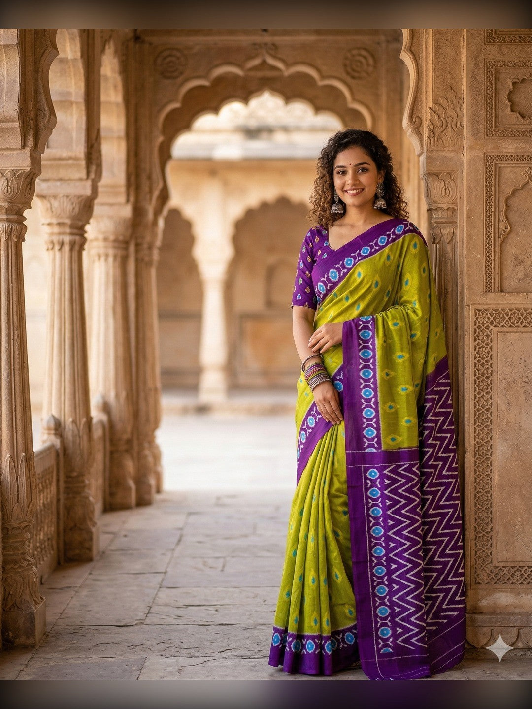 Trendy Green Ikkat Print Mulmul Cotton Saree With Stylish Zig Zag Pattern Pallu - Image 1