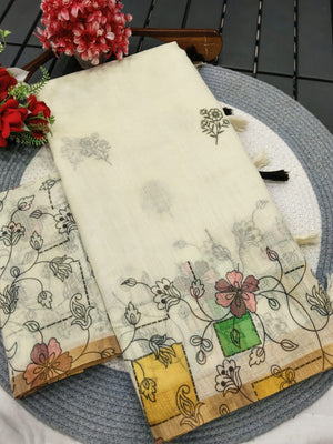 Classic Cream Linen Saree with Floral Printed Border and Graceful Feminine Appeal - Image 2