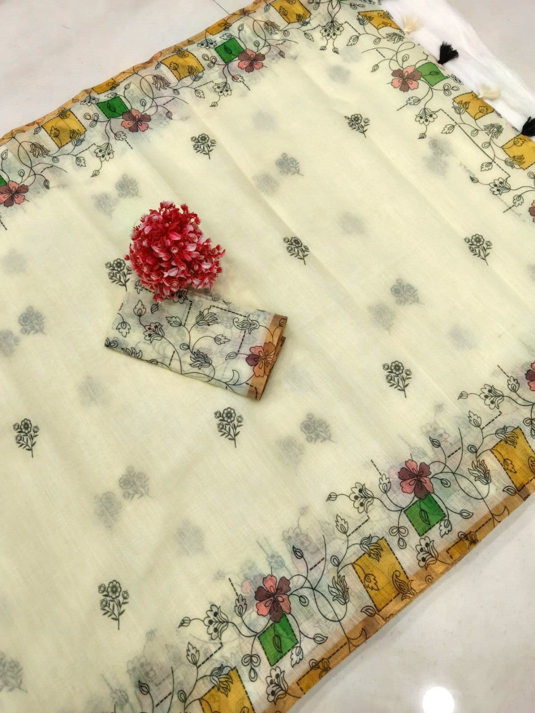 Classic Cream Linen Saree with Floral Printed Border and Graceful Feminine Appeal - Image 2