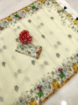 Classic Cream Linen Saree with Floral Printed Border and Graceful Feminine Appeal - Image 2