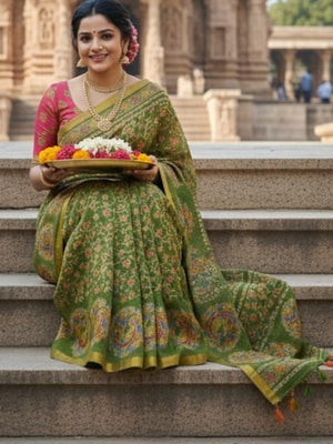 Graceful Green Linen Saree with Ethnic Printed Border Design - Image 1