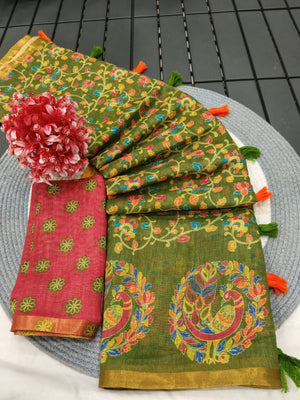 Graceful Green Linen Saree with Ethnic Printed Border Design - Image 2