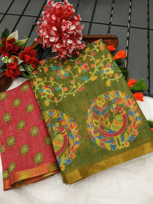 Graceful Green Linen Saree with Ethnic Printed Border Design - Image 2