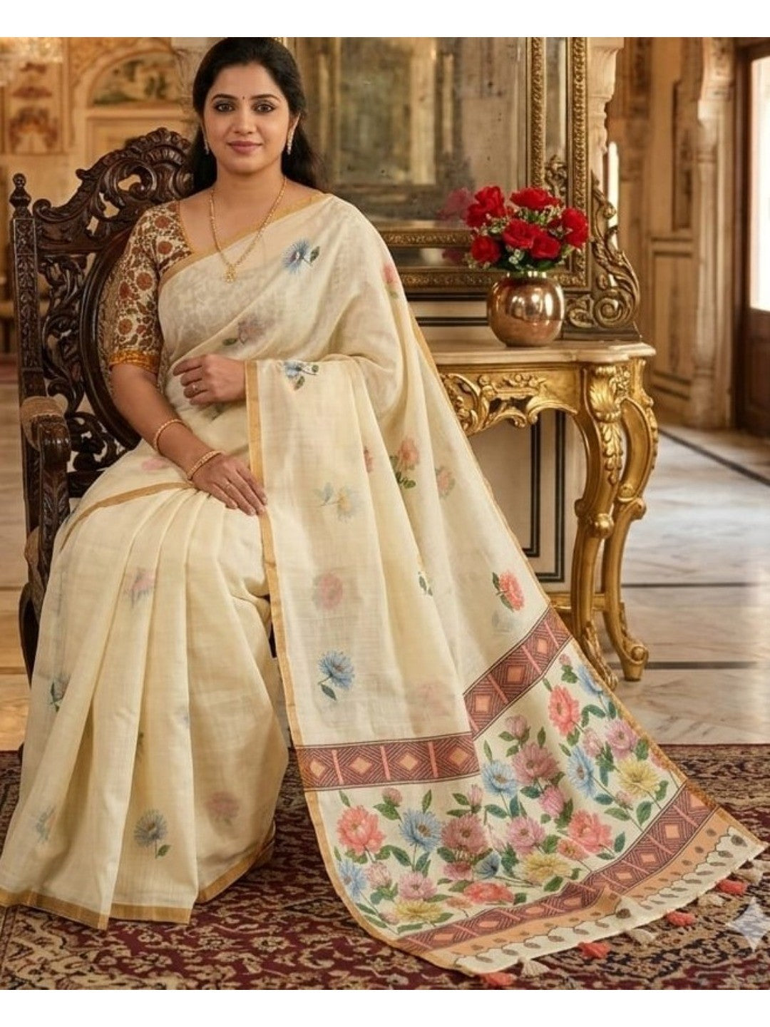 Elegant Cream Linen Saree with Floral Print and Golden Border - Image 5