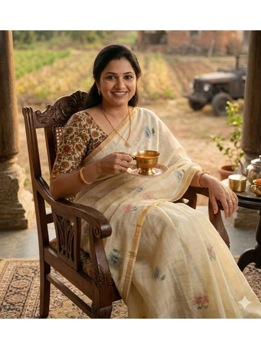 Elegant Cream Linen Saree with Floral Print and Golden Border - Image 6