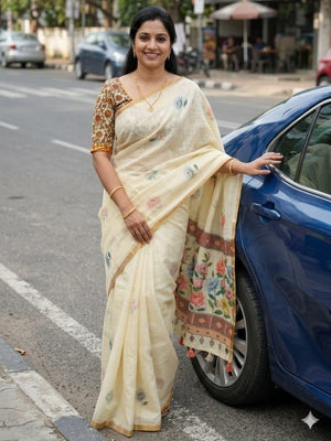 Elegant Cream Linen Saree with Floral Print and Golden Border - Image 1