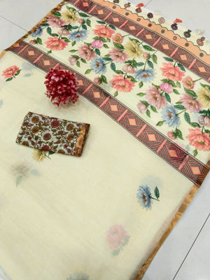Elegant Cream Linen Saree with Floral Print and Golden Border - Image 2