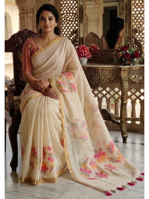 Stylish Cream Linen Saree with Beautiful Floral Print & Rich Golden Border - Image 1